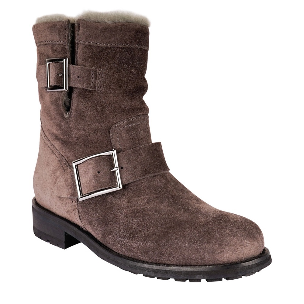 Jimmy Choo Taupe/Grey Suede Biker Boot fur lined size 38